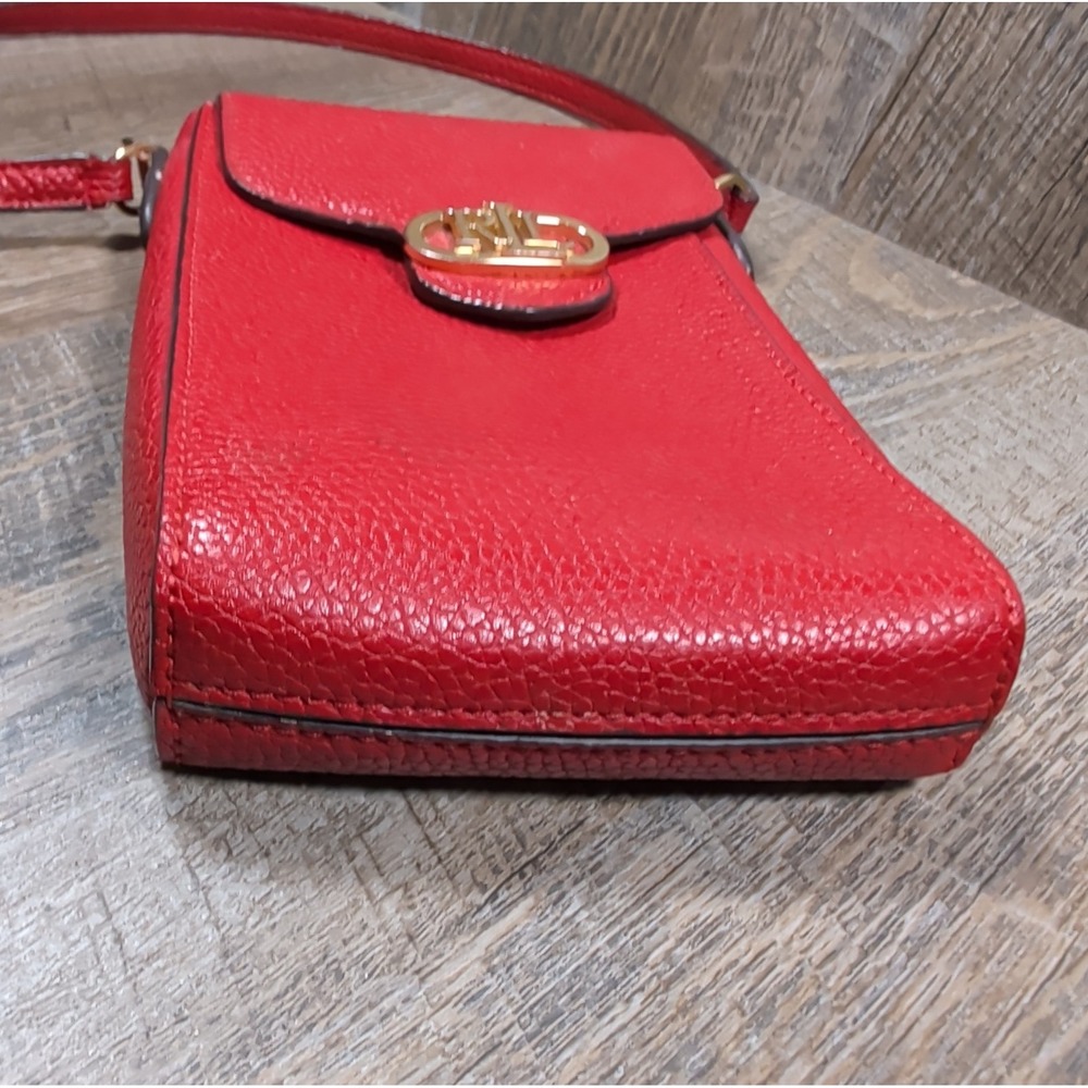 Lauren Ralph Lauren Jacquard Phone Crossbody Bag Red Pebbled Cow Leather Small - Picture 10 of 10